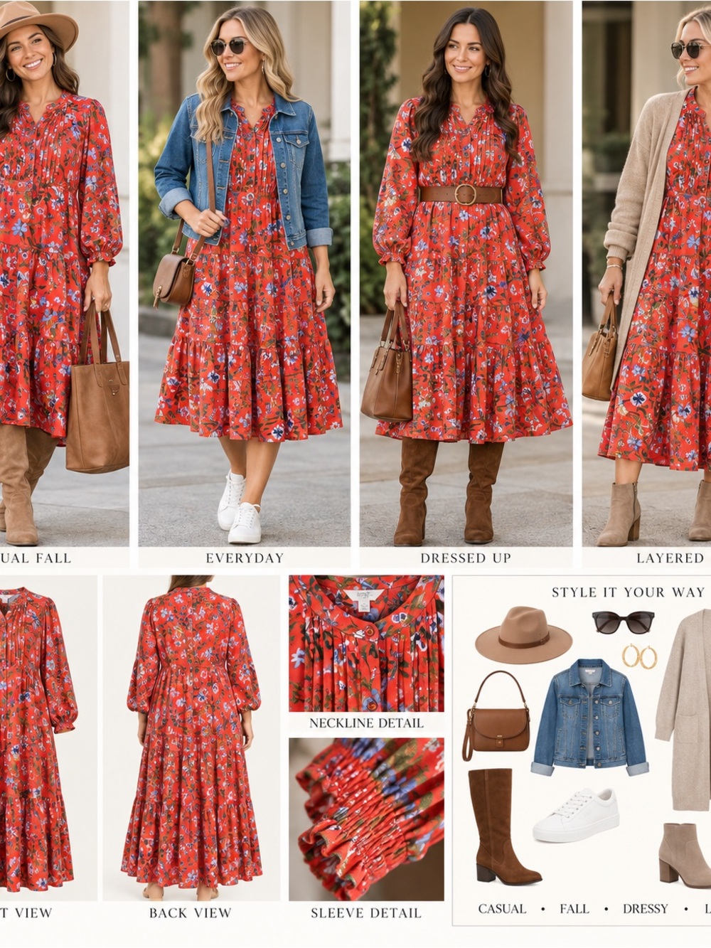 Terra & Sky Red Orange Floral Tiered Midi Dress